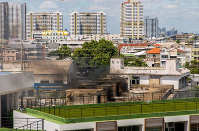 High angle view of buildings in city