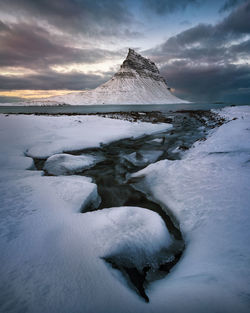 Scenic view of frozen sea against sky during winter