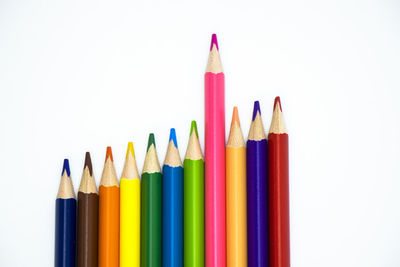 Close-up of colored pencils against white background