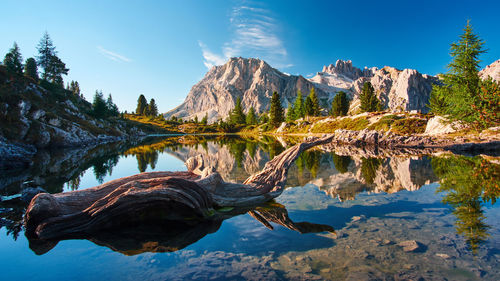 Reflection of mountain in lake against sky