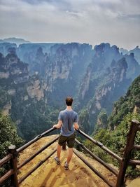 Rear view of man standing at mountain in zhangjiajie national forest park