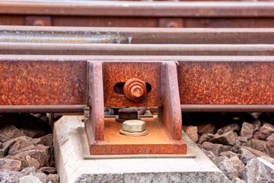 Close-up of machine part of railroad track