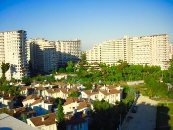 High angle view of buildings in city