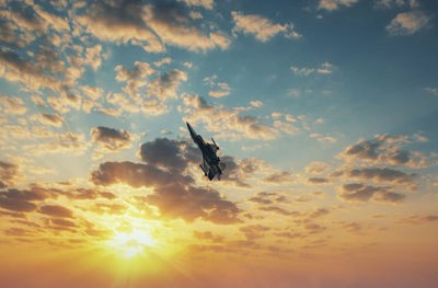 Silhouette bird flying against sky during sunset