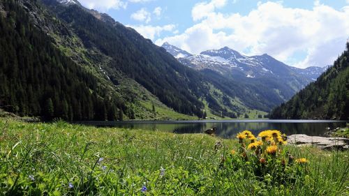 Scenic view of lake and mountains against sky