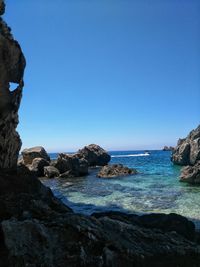 Scenic view of sea against clear blue sky