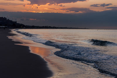 Scenic view of beach against sky during sunset