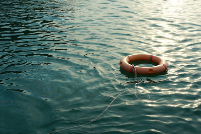 High angle view of life belt on sea