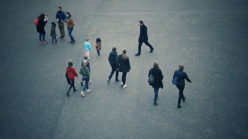 High angle view of people walking