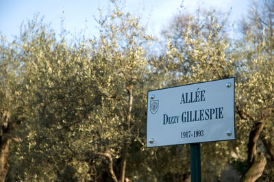 Close-up of information sign against trees