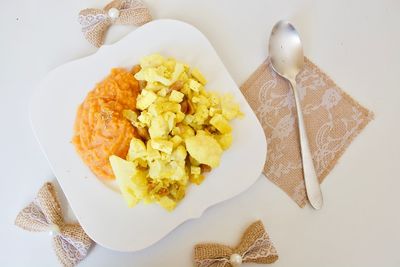 High angle view of food in plate on table