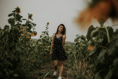 Young woman walking at sunflower farm