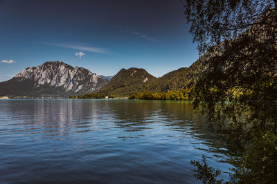 Scenic view of lake and mountains against sky