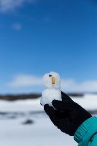 Human hand in toy car against sky