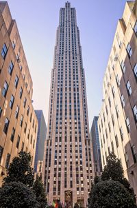 Low angle view of buildings against clear sky