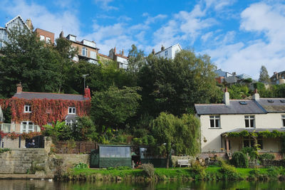 Houses and trees by lake in town against sky