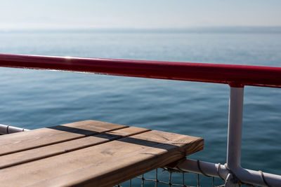 Wooden railing by sea against sky