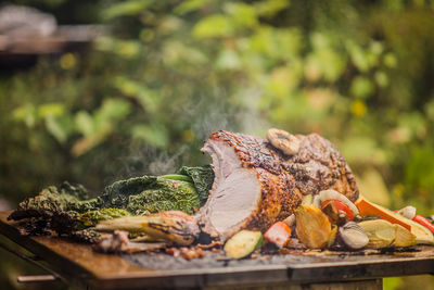 Close-up of meat on barbecue grill