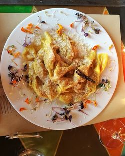 High angle view of food in plate on table