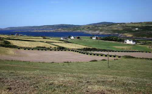 Scenic view of field against clear blue sky