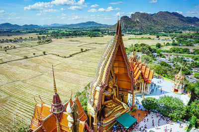 High angle view of temple on building against sky