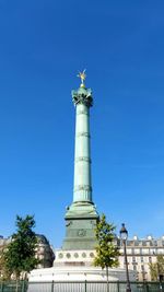 Low angle view of statue against blue sky