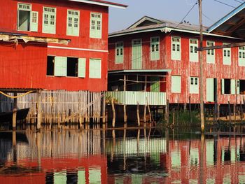 Reflection of old building in lake