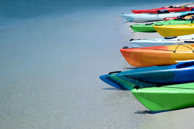 High angle view of boats moored at sea shore