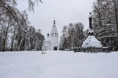 Trees and buildings against sky during winter