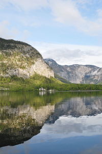 Scenic view of lake by mountains against sky