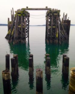 Wooden posts in sea