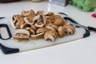 High angle view of mushrooms in plate on table