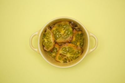 High angle view of soup in bowl