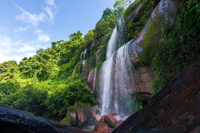 Scenic view of waterfall against sky