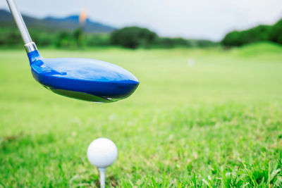 Close-up of golf ball and club at field
