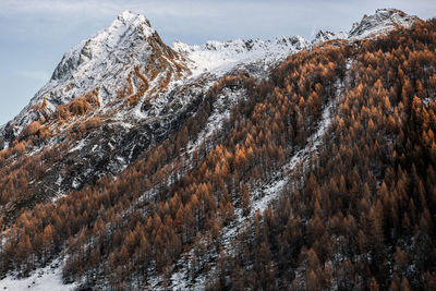 Snow covered land and mountains against sky