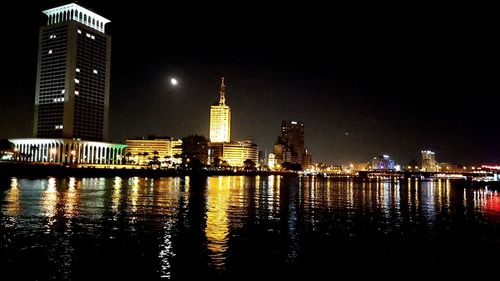 View of city lit up at night