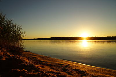 Scenic view of lake at sunset