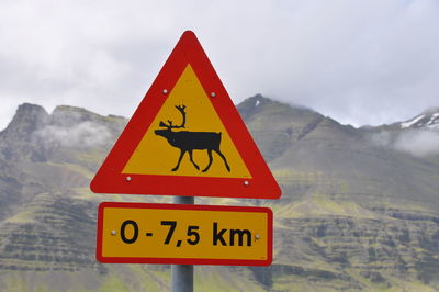 Road sign against mountain range