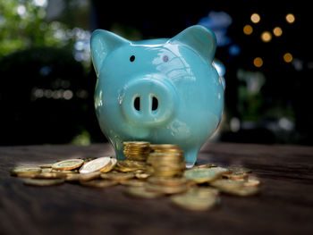 Close-up of coins on table