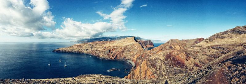 Panoramic view of sea and mountains against sky