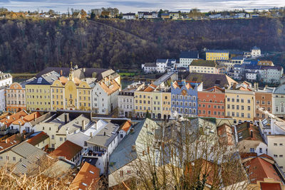 High angle view of townscape and buildings in city