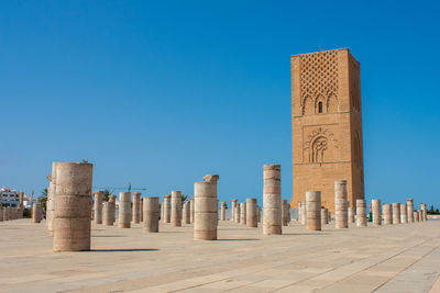 Panoramic view of historical building against clear blue sky