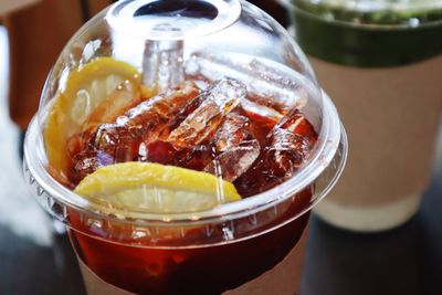 High angle view of drink in glass on table
