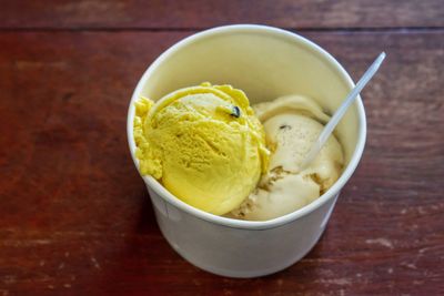 High angle view of ice cream in bowl on table