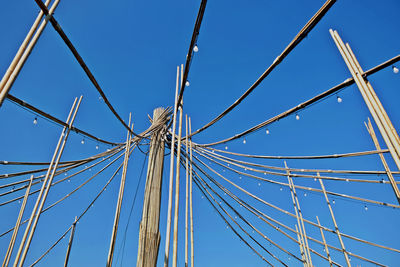 Low angle view of cables against clear blue sky