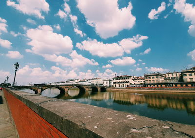 Bridge over river against sky in city