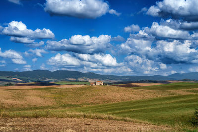 Scenic view of agricultural field against sky