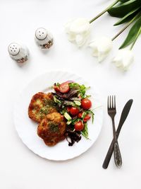 High angle view of food in plate on table