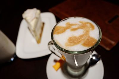 High angle view of cappuccino on table